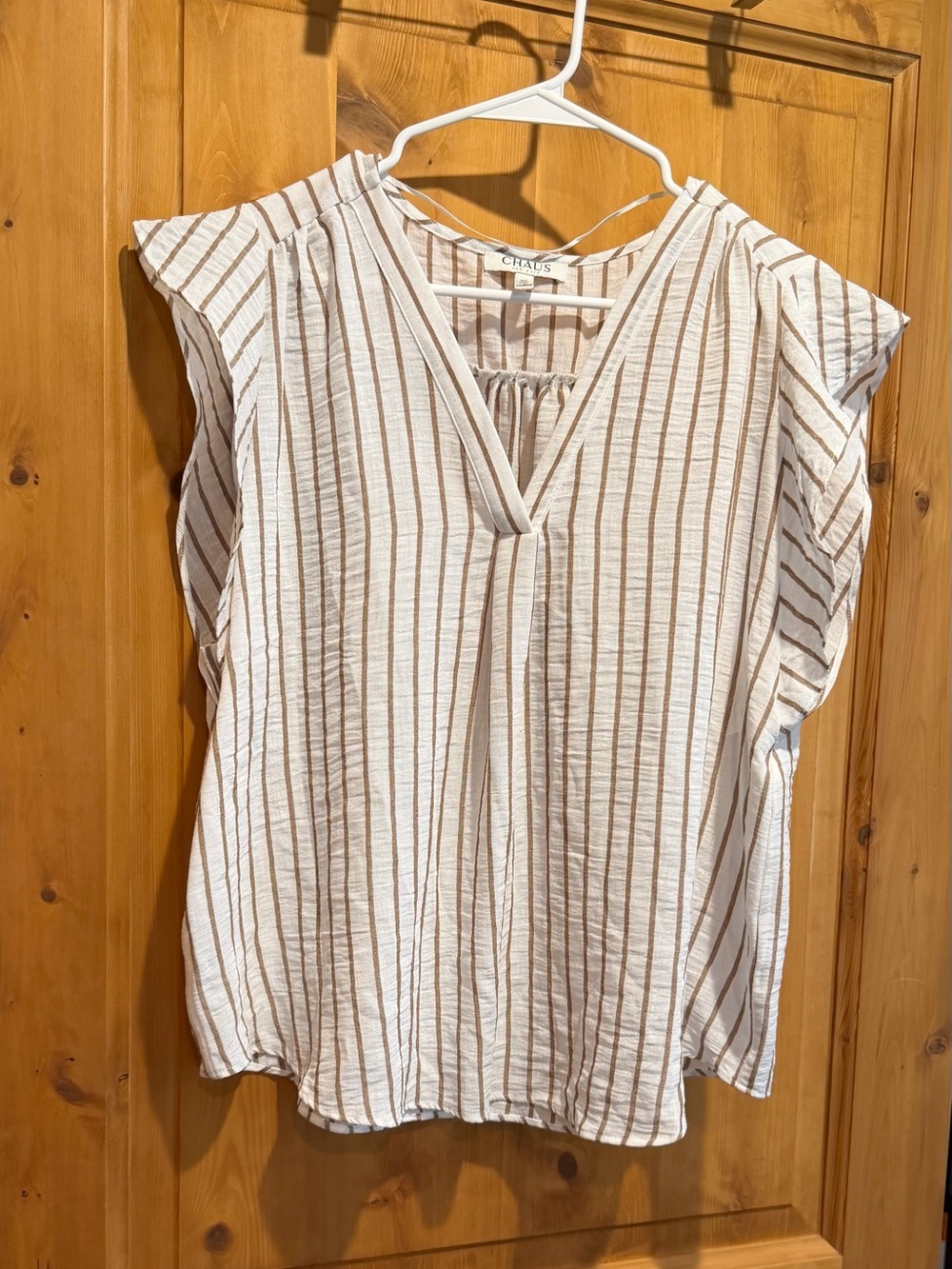 Chaus Cream Top with Tan Vertical Stripes and Flutter Sleeves